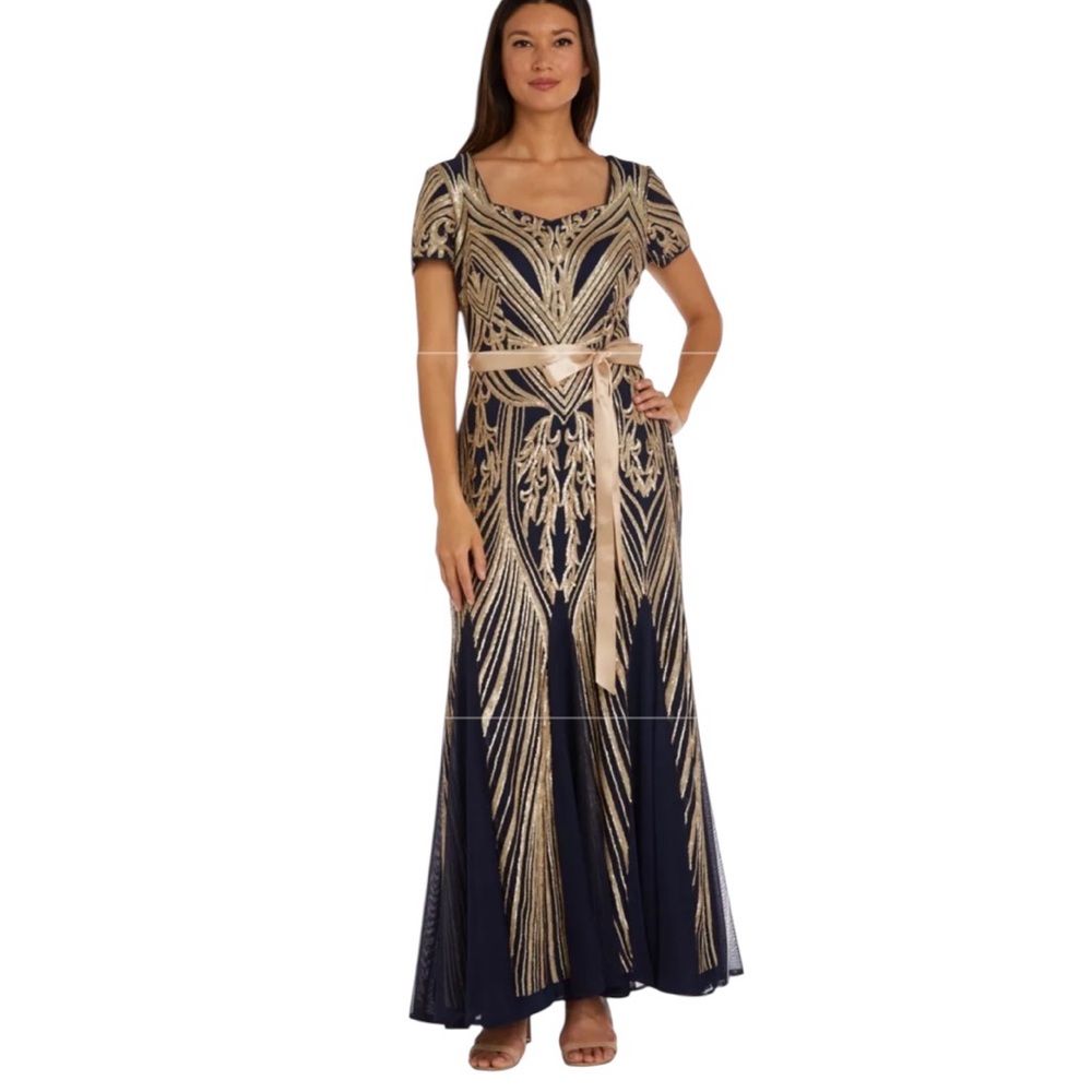 NEW R & M Richards Sweetheart Neck Sequin Embellished Panel Godet Dress Size 20W